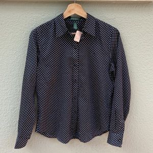 Ralph Lauren petite M navy and white polka dot button up
